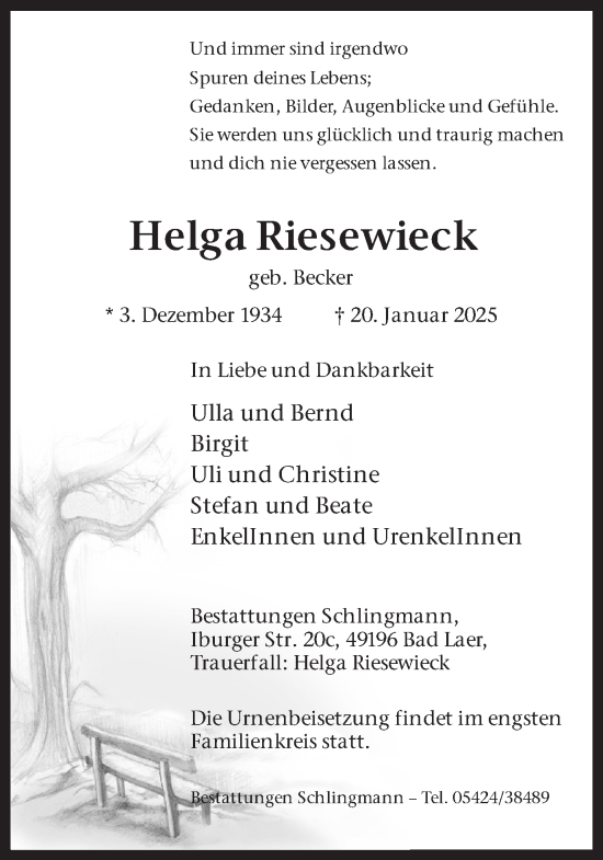 Traueranzeige von Helga Riesewieck von Ruhr Nachrichten