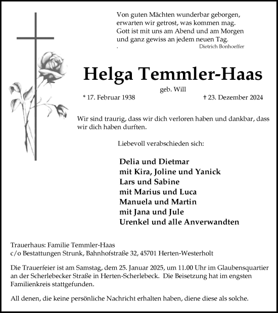 Traueranzeige von Helga Temmler-Haas von Trauer Vest