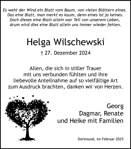 Traueranzeige von Helga Wilschewski von Ruhr Nachrichten