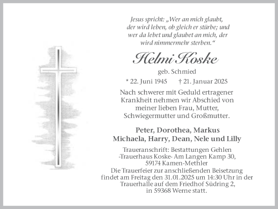 Traueranzeige von Helmi Koske von Hellweger Anzeiger