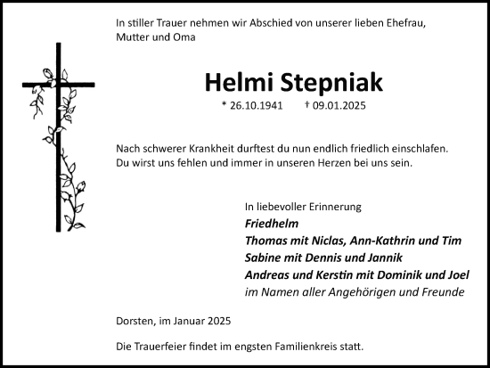 Traueranzeige von Helmi Stepniak von Ruhr Nachrichten und Dorstener Zeitung