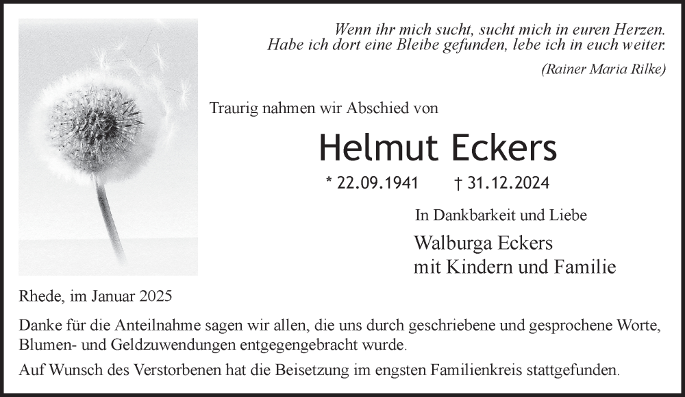  Traueranzeige für Helmut Eckers vom 22.01.2025 aus 