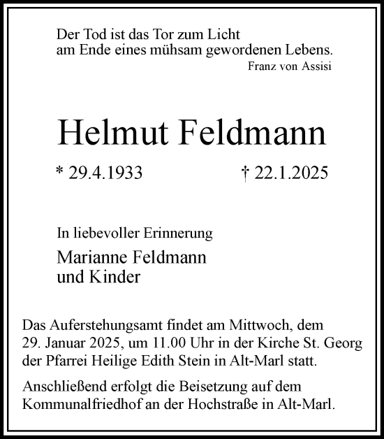 Traueranzeige von Helmut Feldmann von Trauer Vest
