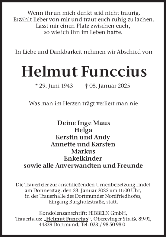 Traueranzeige von Helmut Funccius von Ruhr Nachrichten