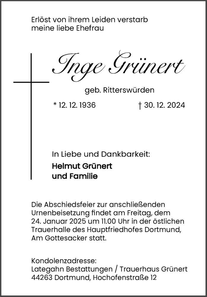  Traueranzeige für Helmut Grünert vom 18.01.2025 aus Ruhr Nachrichten