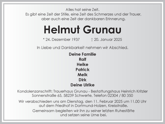 Traueranzeige von Helmut Grunau von Ruhr Nachrichten