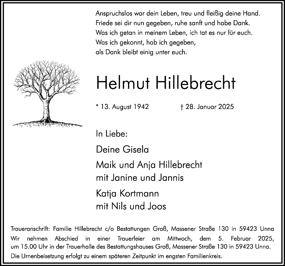  Traueranzeige für Helmut Hillebrecht vom 01.02.2025 aus Hellweger Anzeiger