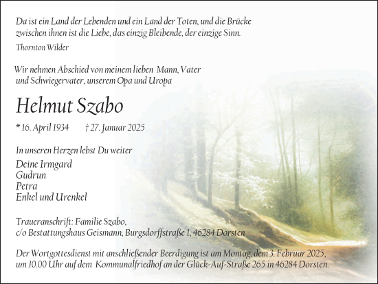 Traueranzeige von Helmut Szabo von Ruhr Nachrichten und Dorstener Zeitung