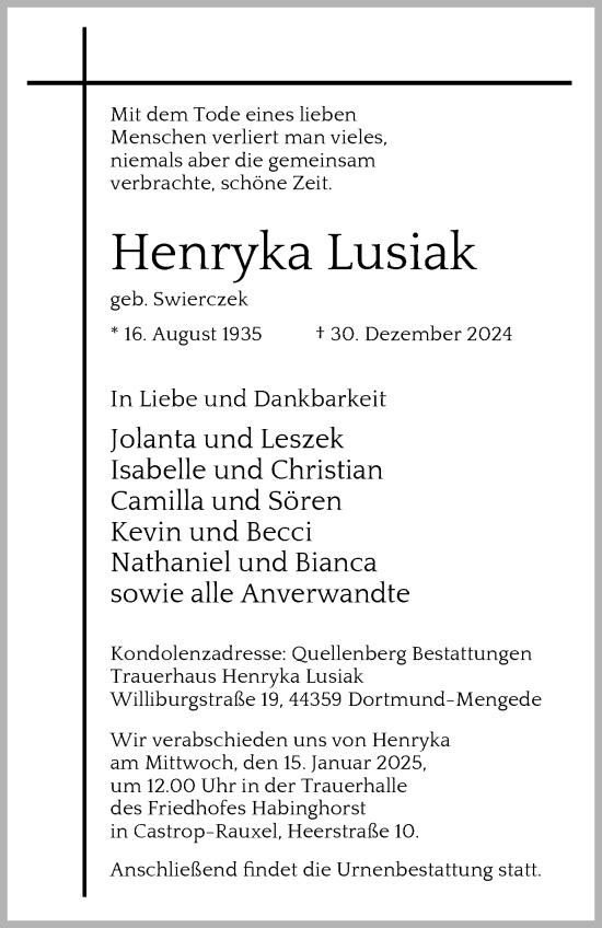 Traueranzeige von Henryka Lusiak von Stadtanzeiger Castrop-Rauxel