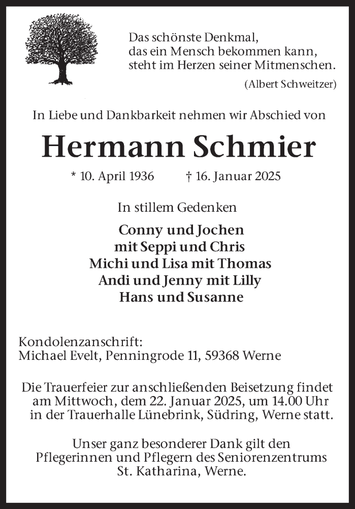  Traueranzeige für Hermann Schmier vom 18.01.2025 aus Ruhr Nachrichten