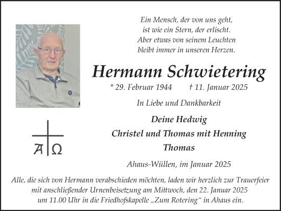 Traueranzeige von Hermann Schwietering von Münsterland Zeitung