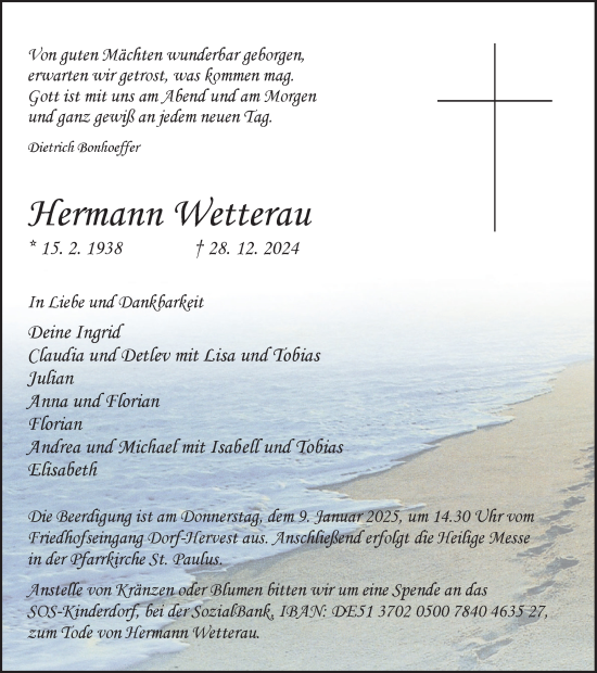 Traueranzeige von Hermann Wetterau von Ruhr Nachrichten und Dorstener Zeitung