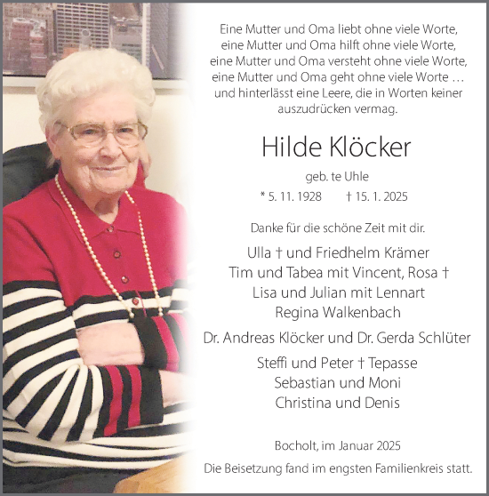 Traueranzeige von Hilde Klöcker 