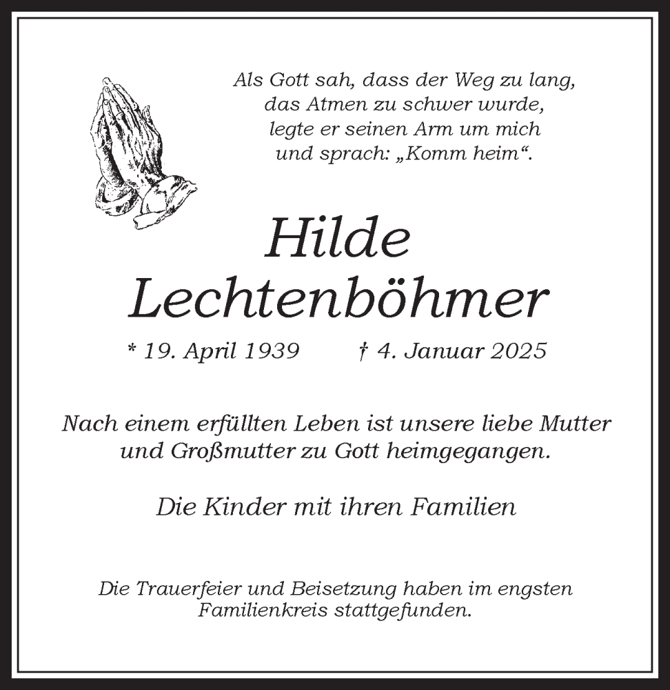  Traueranzeige für Hilde Lechtenböhmer vom 25.01.2025 aus Trauer Vest