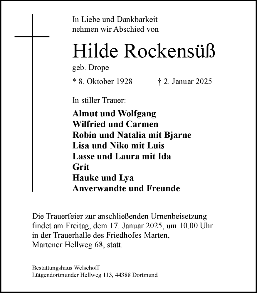  Traueranzeige für Hilde Rockensüß vom 11.01.2025 aus Ruhr Nachrichten