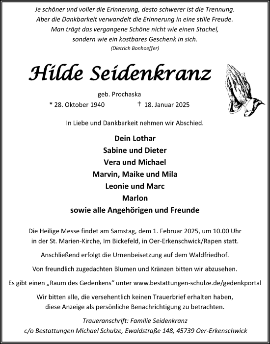 Traueranzeige von Hilde Seidenkranz von Trauer Vest