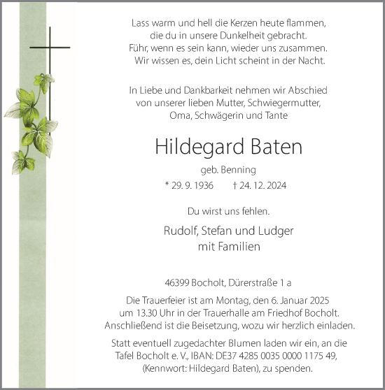 Traueranzeige von Hildegard Baten 