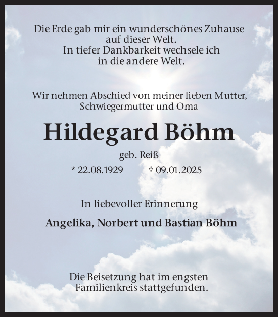Traueranzeige von Hildegard Böhm von Ruhr Nachrichten