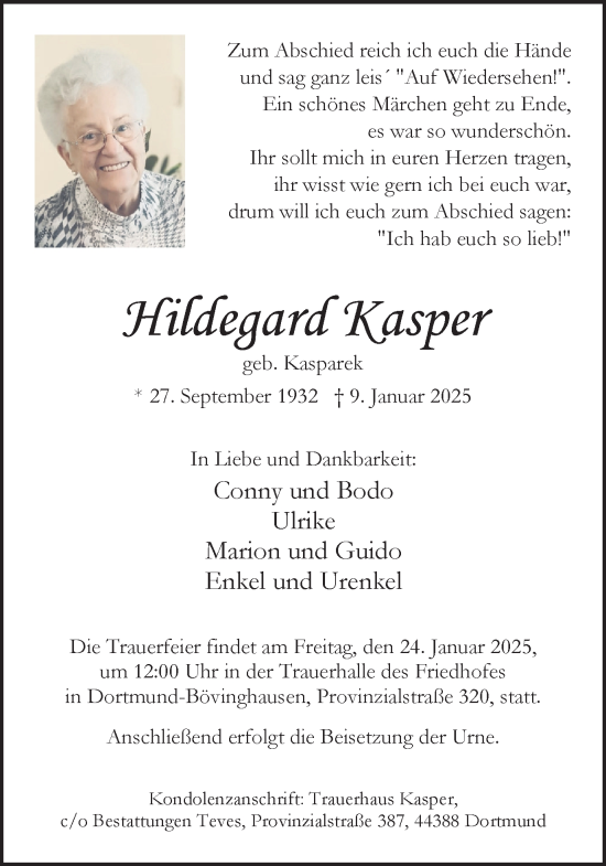 Traueranzeige von Hildegard Kasper von Ruhr Nachrichten