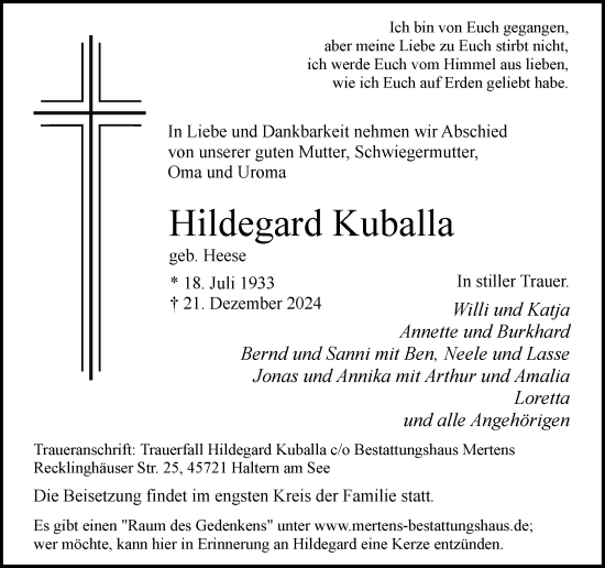 Traueranzeige von Hildegard Kuballa von Trauer Vest