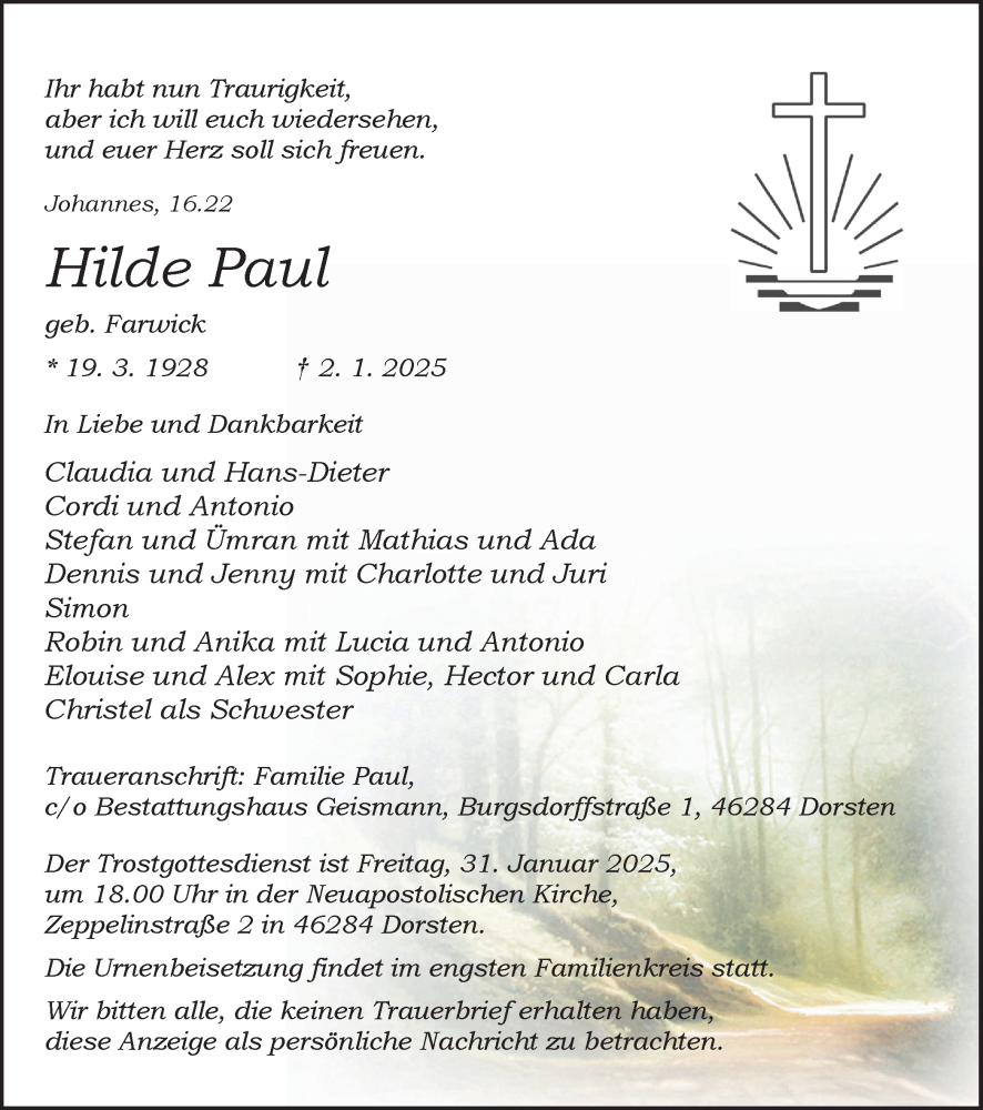  Traueranzeige für Hildegard Paul vom 18.01.2025 aus Ruhr Nachrichten und Dorstener Zeitung