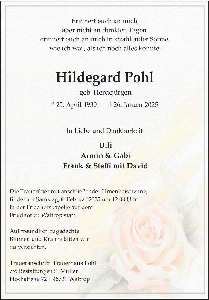  Traueranzeige für Hildegard Pohl vom 01.02.2025 aus Trauer Vest