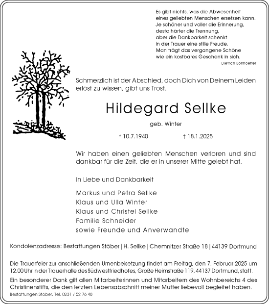 Traueranzeige von Hildegard Sellke von Ruhr Nachrichten