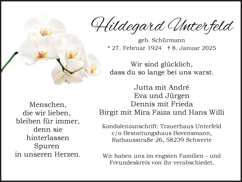  Traueranzeige für Hildegard Unterfeld vom 25.01.2025 aus Ruhr Nachrichten