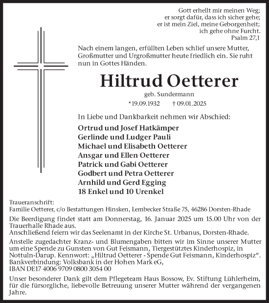 Traueranzeige von Hiltrud Oetterer von Ruhr Nachrichten und Dorstener Zeitung