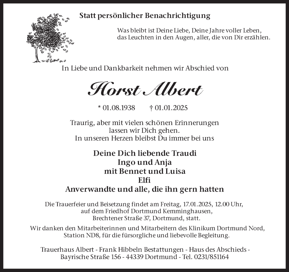  Traueranzeige für Horst Albert vom 11.01.2025 aus Ruhr Nachrichten