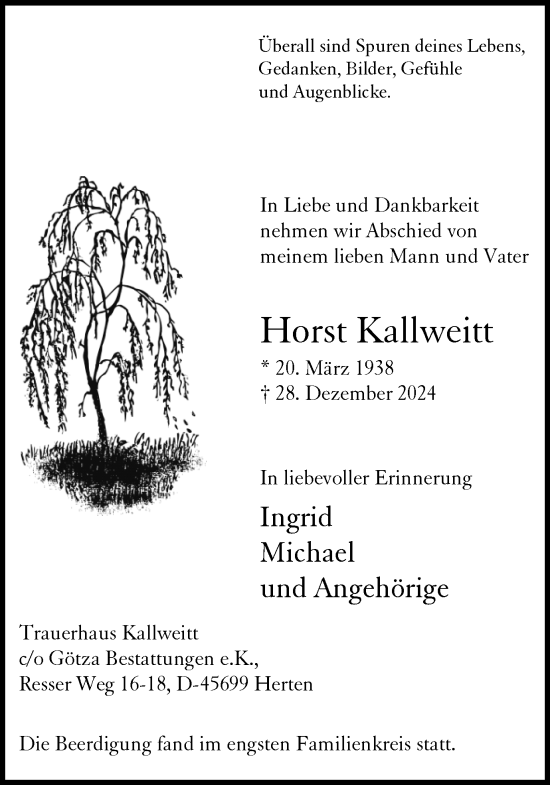 Traueranzeige von Horst Kallweitt von Trauer Vest