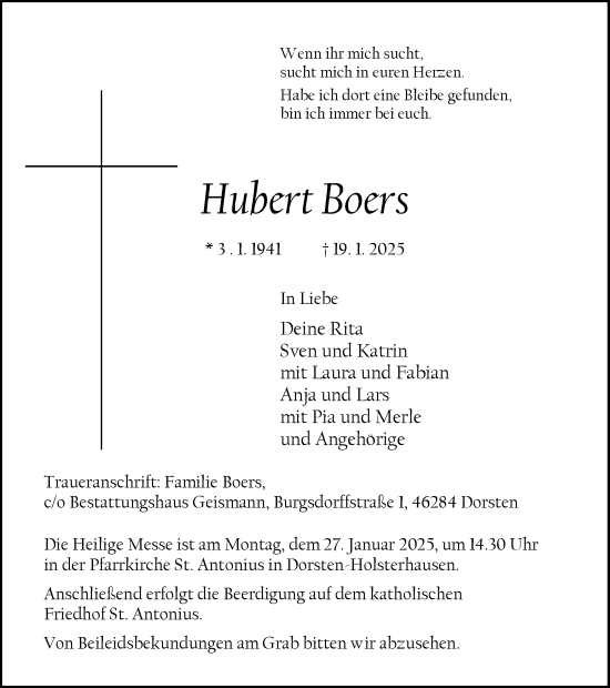 Traueranzeige von Hubert Boers von Ruhr Nachrichten und Dorstener Zeitung