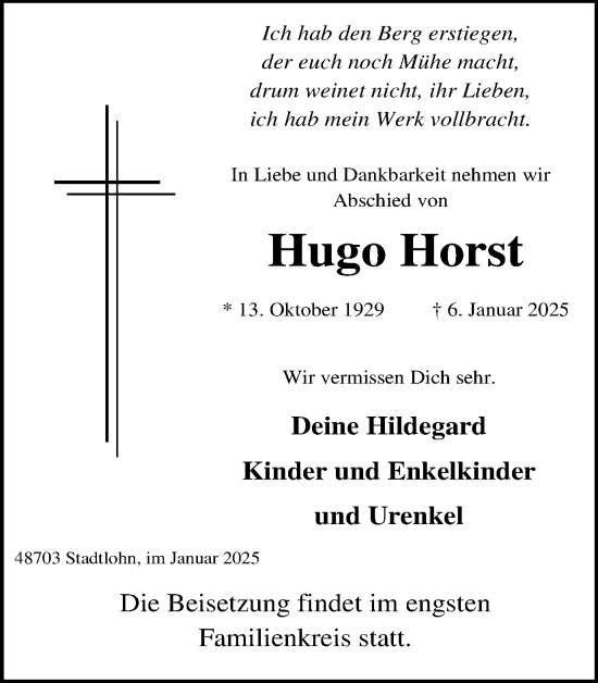 Traueranzeige von Hugo Horst von Münsterland Zeitung