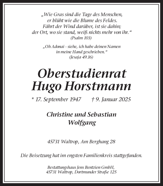 Traueranzeige von Hugo Horstmann von Trauer Vest