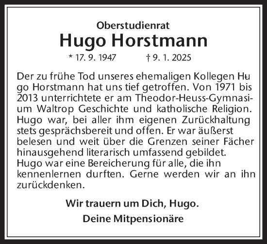 Traueranzeige von Hugo Horstmann von Trauer Vest