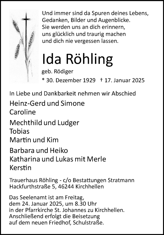 Traueranzeige von Ida Röhling von Ruhr Nachrichten und Dorstener Zeitung