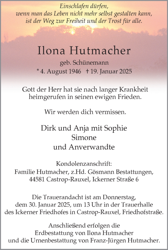 Traueranzeige von Ilona Hutmacher von Stadtanzeiger Castrop-Rauxel