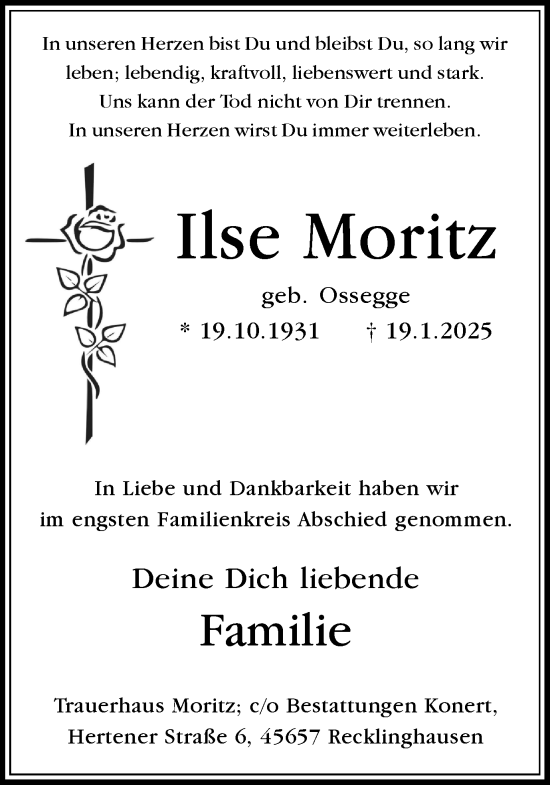 Traueranzeige von Ilse Moritz von Trauer Vest
