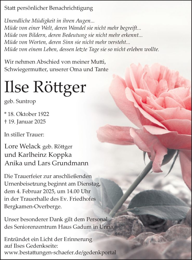  Traueranzeige für Ilse Röttger vom 01.02.2025 aus Hellweger Anzeiger