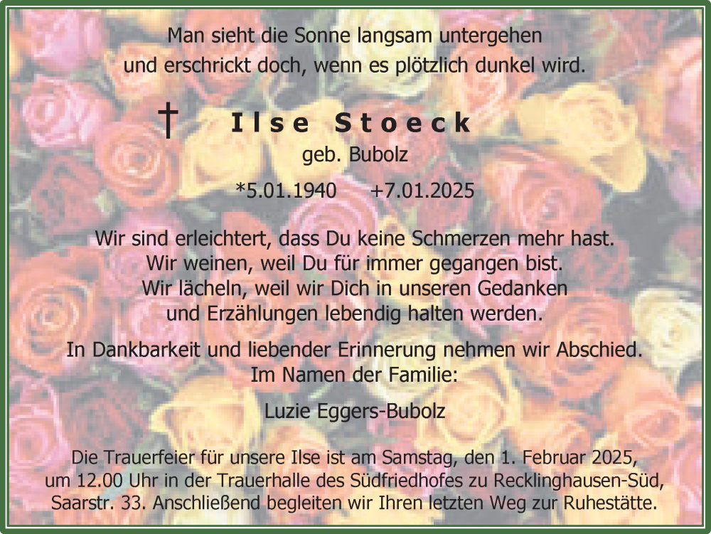  Traueranzeige für Ilse Stoeck vom 29.01.2025 aus Trauer Vest