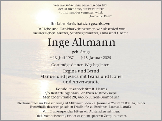 Traueranzeige von Inge Altmann von Ruhr Nachrichten