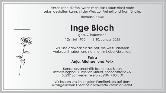 Traueranzeige von Inge Bloch von Ruhr Nachrichten