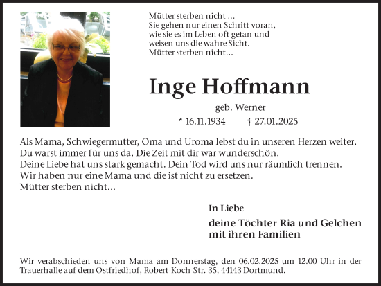 Traueranzeige von Inge Hoffmann von Ruhr Nachrichten