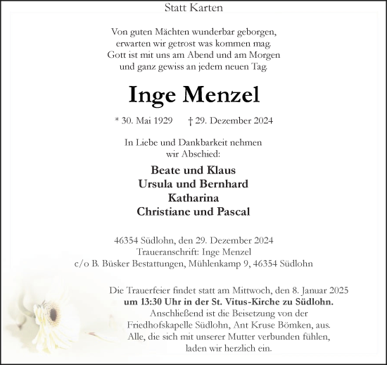 Traueranzeige von Inge Menzel von Münsterland Zeitung