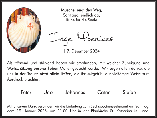 Traueranzeige von Inge Moenikes von Hellweger Anzeiger