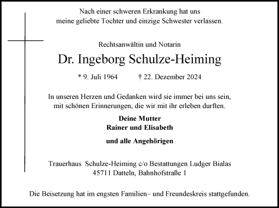 Traueranzeige von Ingeborg Schulze-Heiming von Trauer Vest