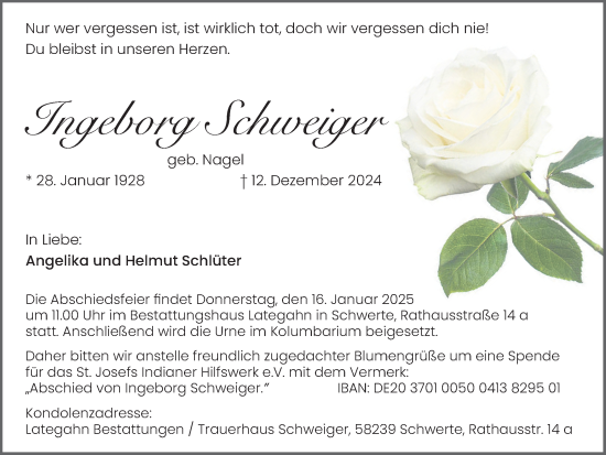 Traueranzeige von Ingeborg Schweiger von Ruhr Nachrichten