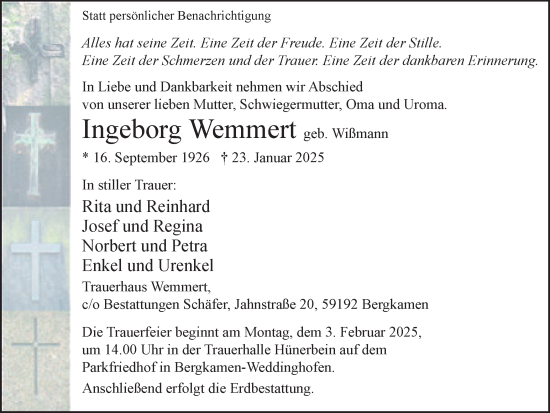 Traueranzeige von Ingeborg Wemmert von Hellweger Anzeiger