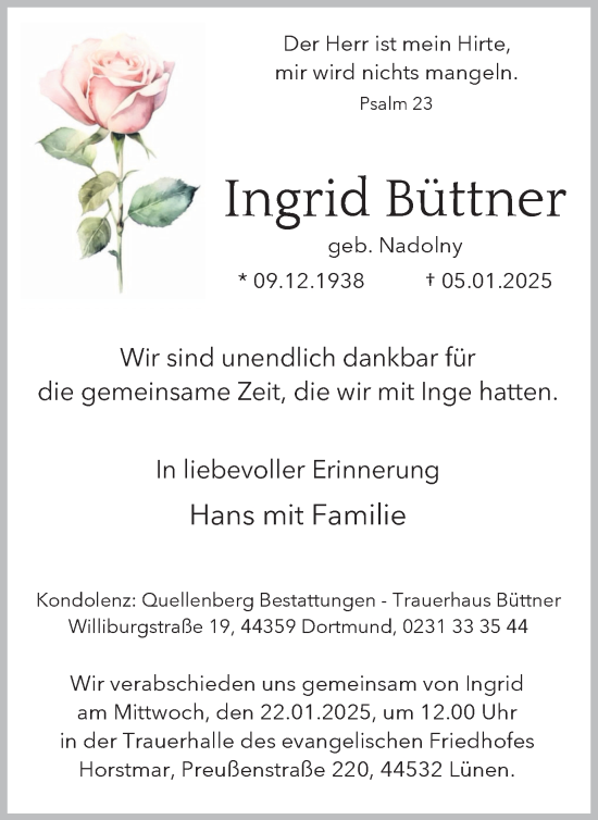 Traueranzeige von Ingrid Büttner von Lüner Anzeiger