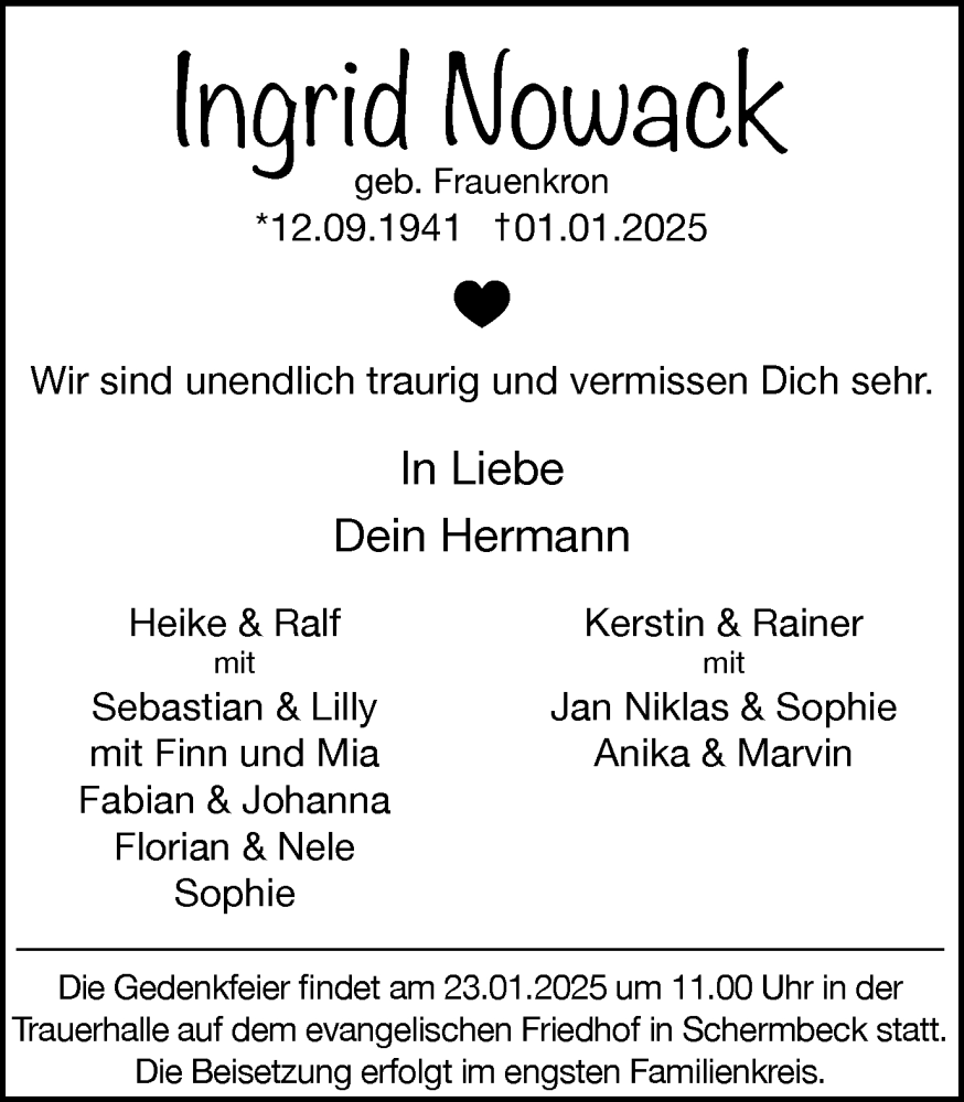  Traueranzeige für Ingrid Nowack vom 15.01.2025 aus Ruhr Nachrichten und Dorstener Zeitung